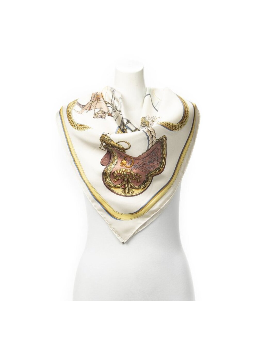 Hermes Scarf Ivory Yellow Blue Twill Silk